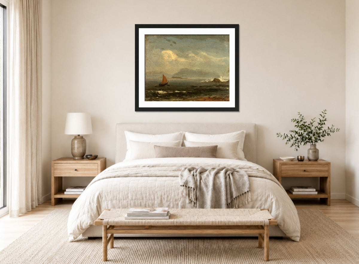 Amaldus Nielsen Print, Regnstemning displayed above a bed