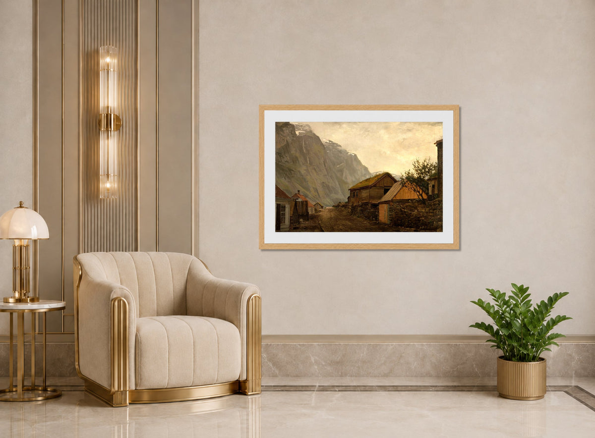Amaldus Nielsen Print, Regnstemning, Gudvangen (1865) displayed in an Art Deco interior