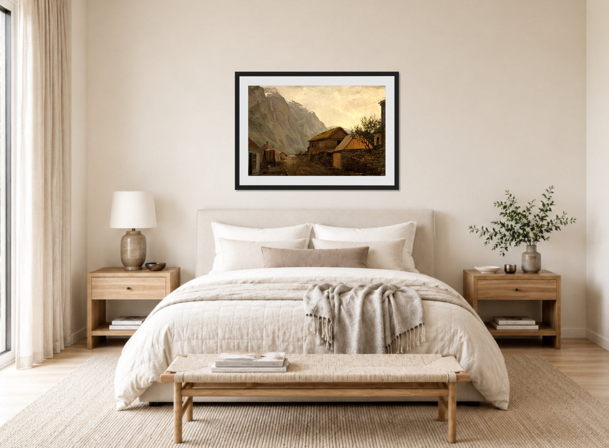 Amaldus Nielsen Print, Regnstemning, Gudvangen (1865) displayed above a bed