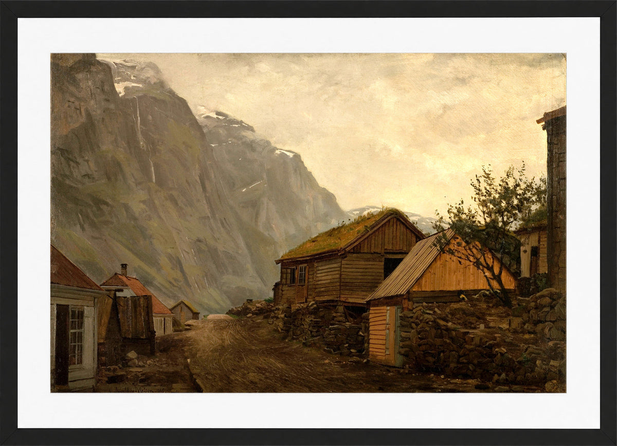 Amaldus Nielsen Print, Regnstemning, Gudvangen (1865) in a black frame
