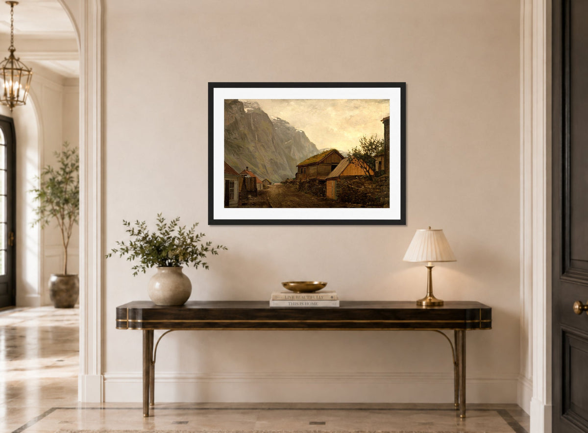 Amaldus Nielsen Print, Regnstemning, Gudvangen (1865) displayed above a console table