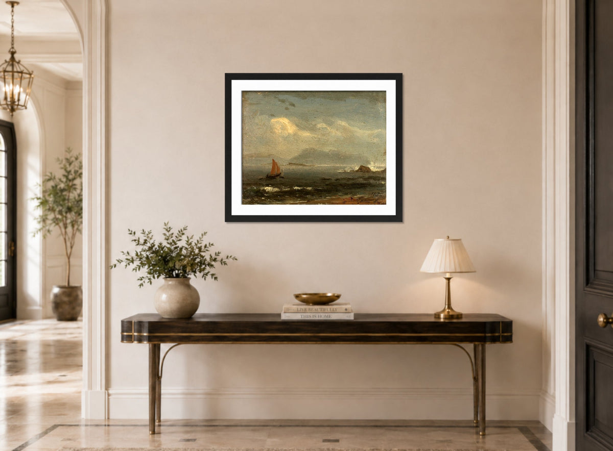 Amaldus Nielsen Print, Regnstemning displayed above a console table