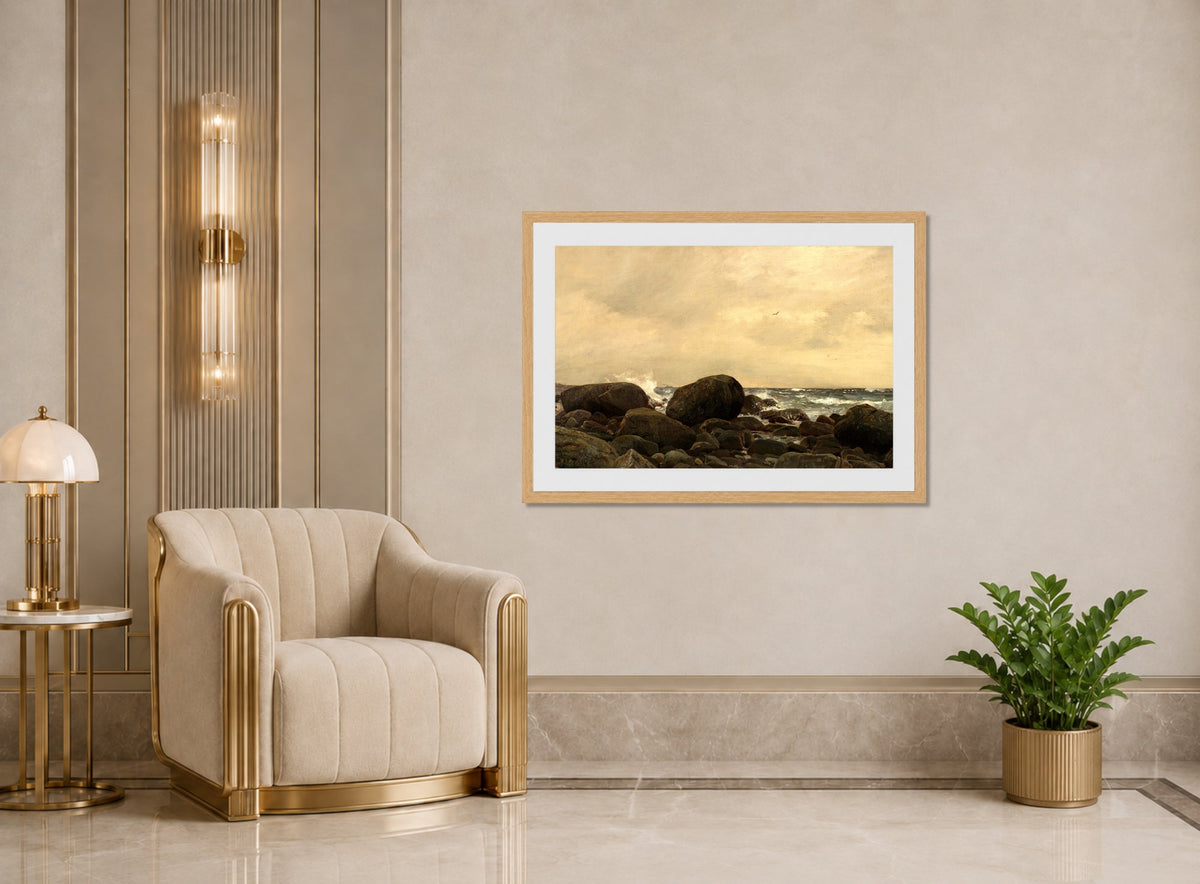 Amaldus Nielsen Print, Regnstemning,Jæren (1894) displayed in an Art Deco interior