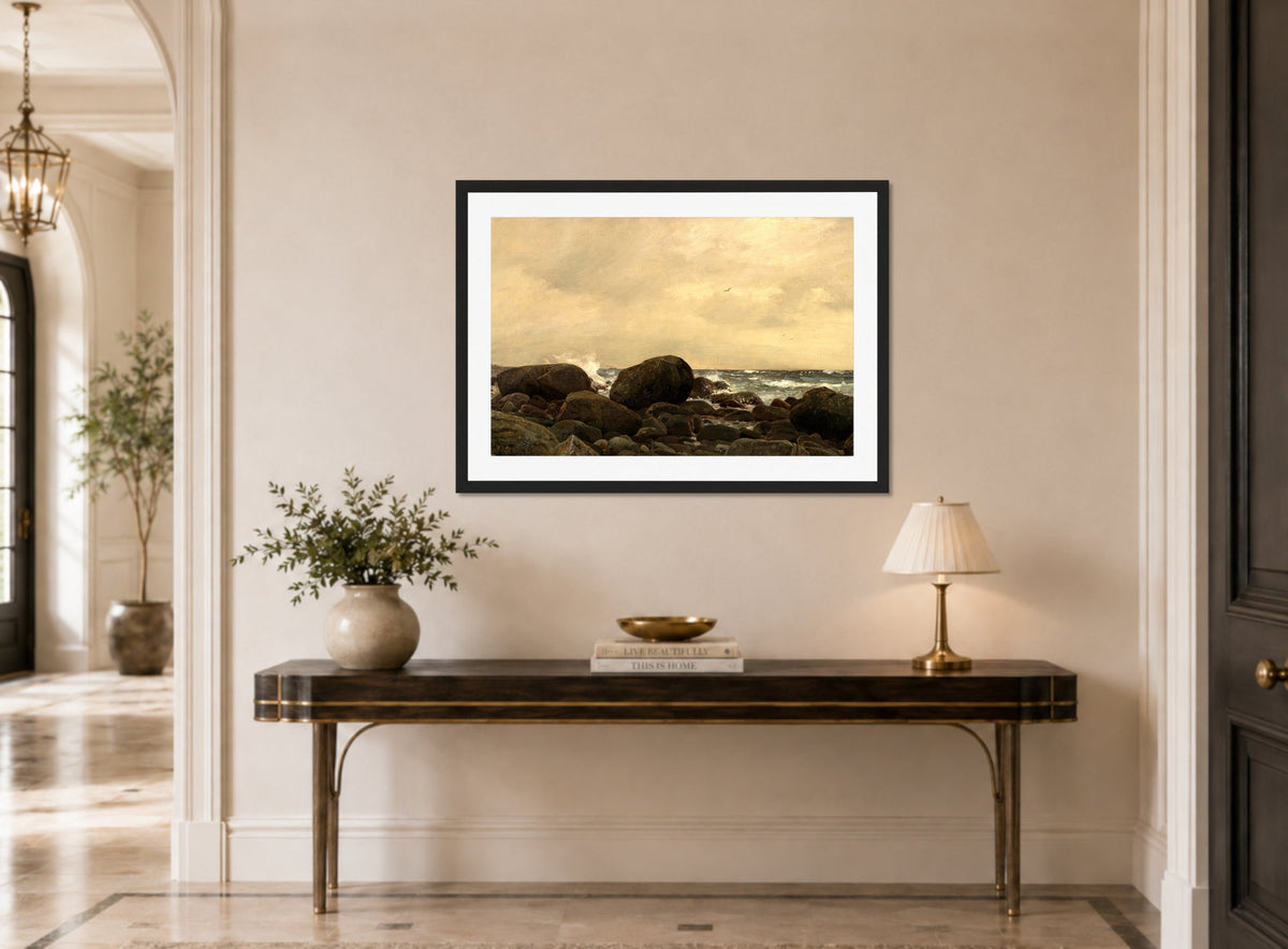 Amaldus Nielsen Print, Regnstemning,Jæren (1894) displayed above a console table
