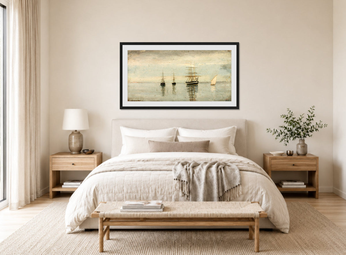 Amaldus Nielsen Print, Regnstemning med sol, Cadix (1860) displayed above a bed
