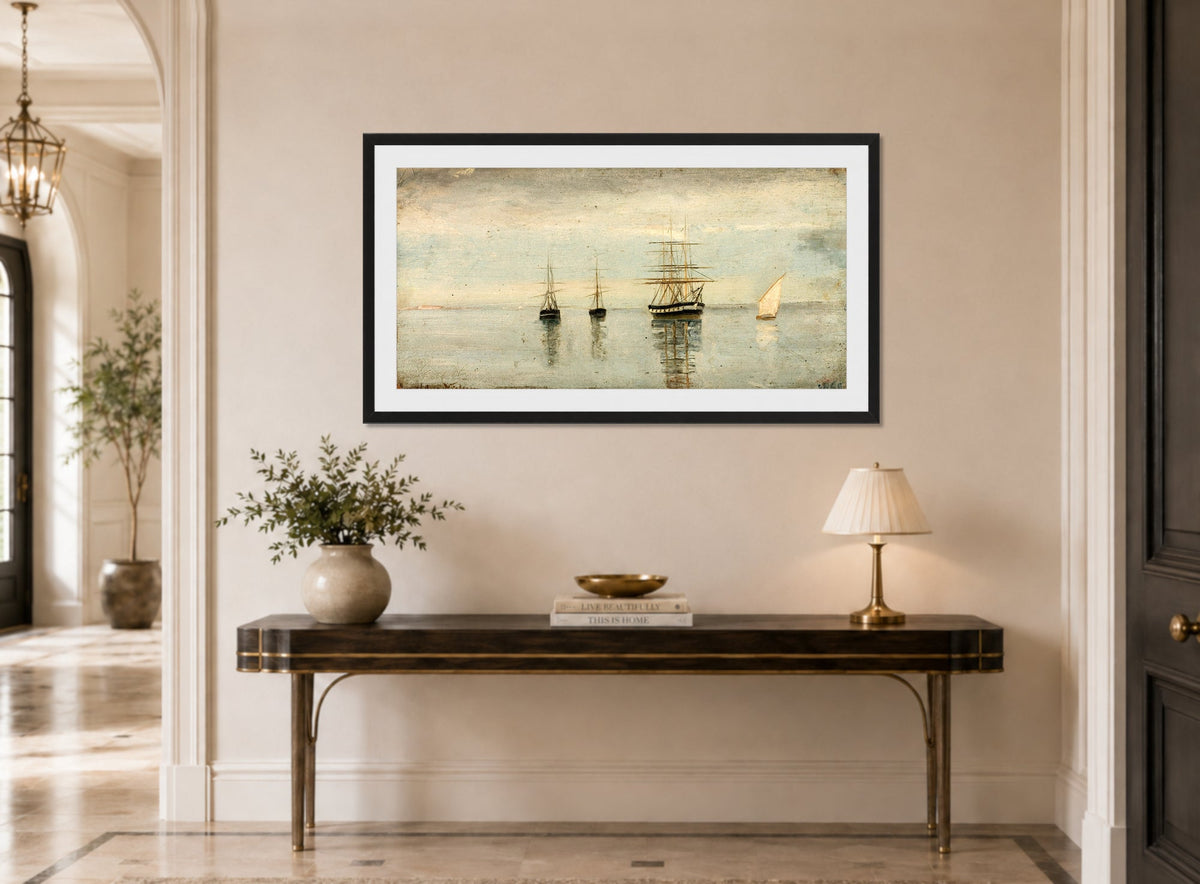 Amaldus Nielsen Print, Regnstemning med sol, Cadix (1860) displayed above a console table