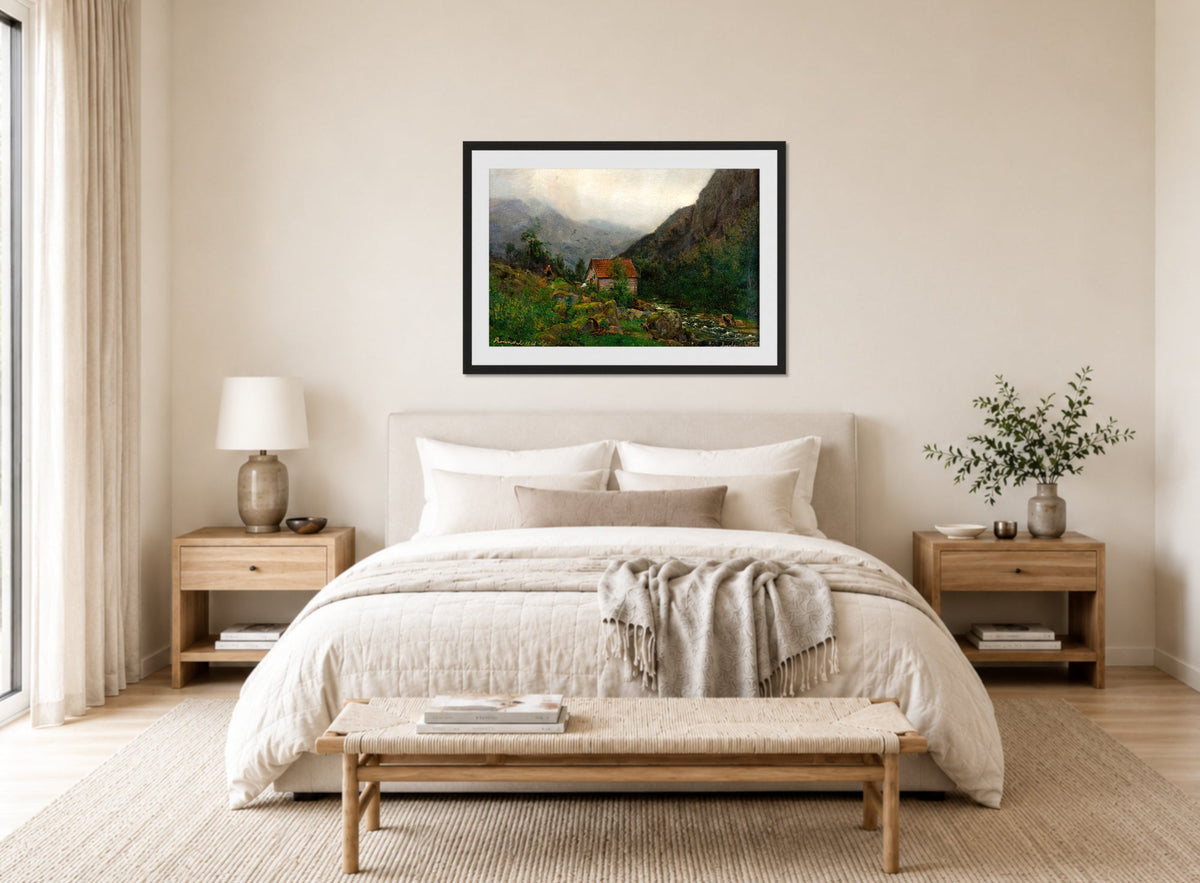 Amaldus Nielsen Print, Regnstemning, Rosendal (1861) displayed above a bed