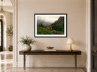 Amaldus Nielsen Print, Regnstemning, Rosendal (1861) displayed above a console table