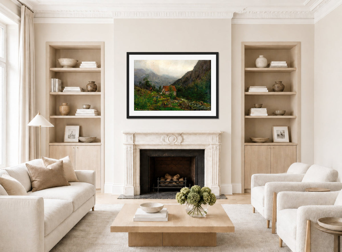 Amaldus Nielsen Print, Regnstemning, Rosendal (1861) displayed in a Scandinavian living room