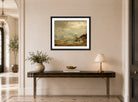 Amaldus Nielsen Print, Regntykke med brenninger displayed above a console table