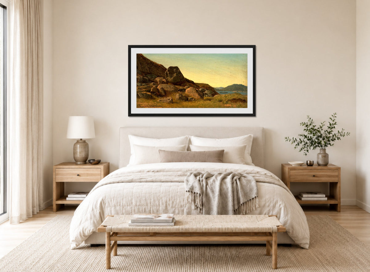 Amaldus Nielsen Print, Sørlandsk landskap (1868) displayed above a bed