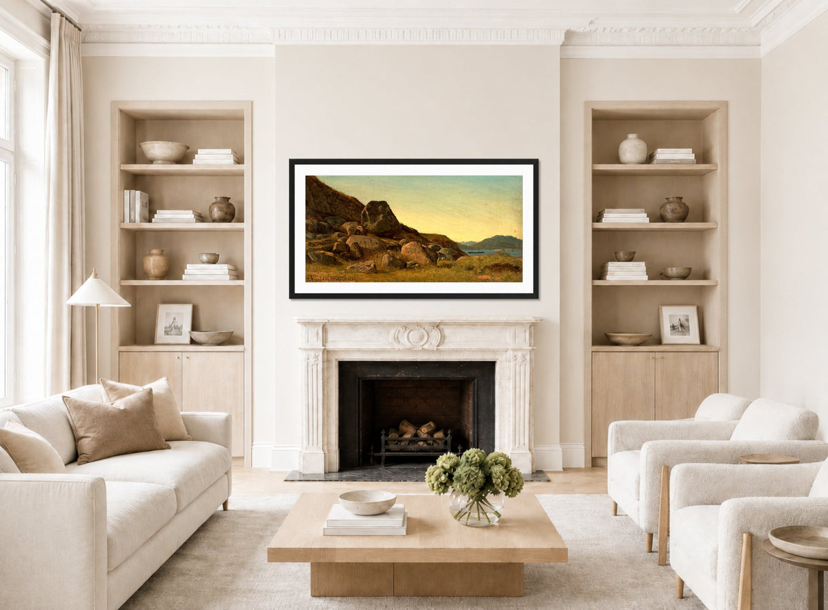 Amaldus Nielsen Print, Sørlandsk landskap (1868) displayed in a Scandinavian living room