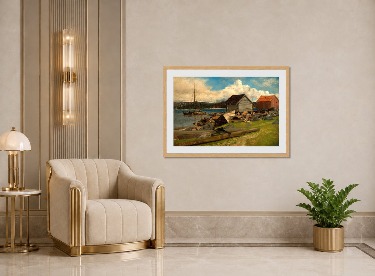 Amaldus Nielsen Print, Saanum, Mandal (1858) displayed in an Art Deco interior