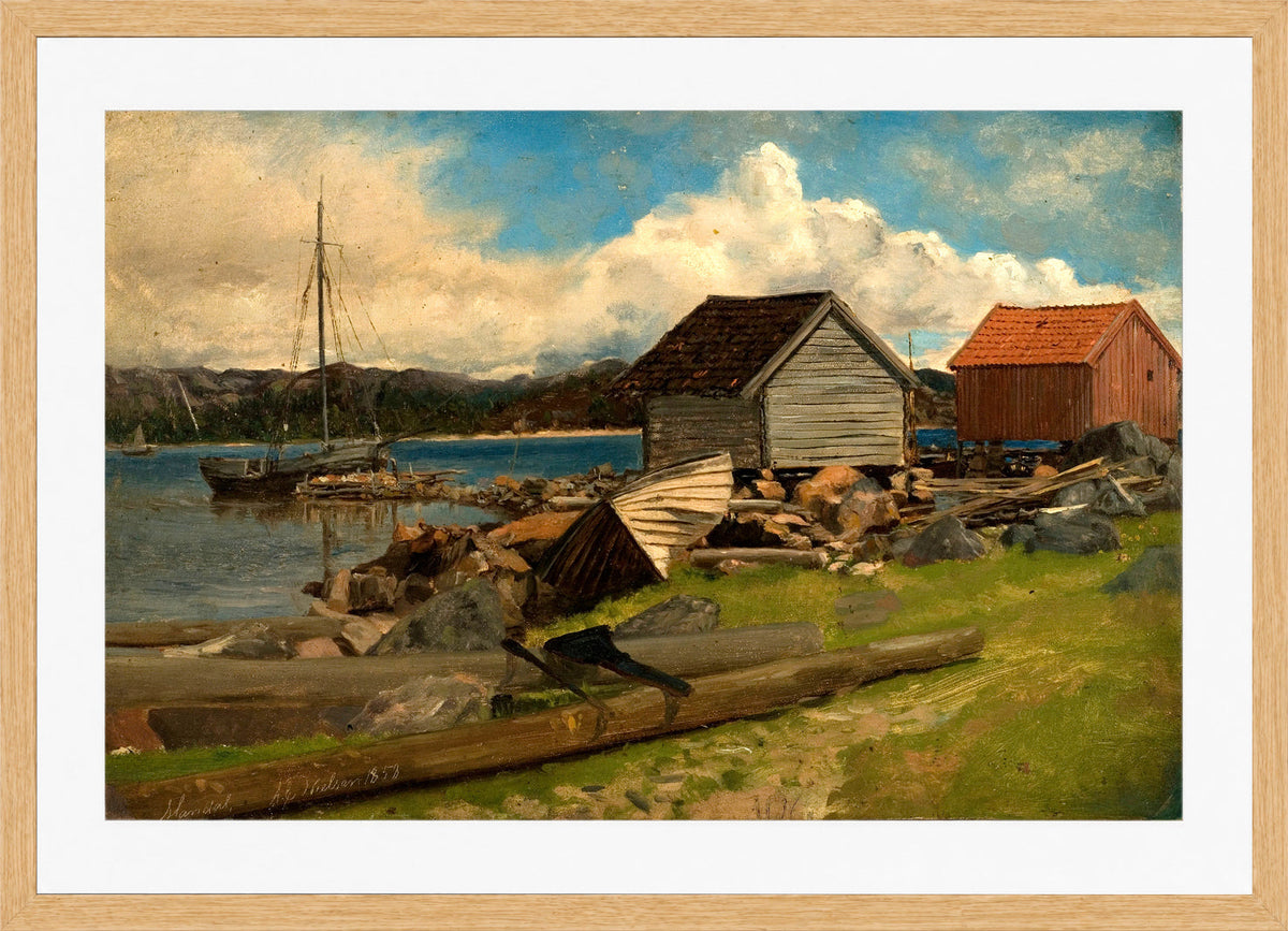 Amaldus Nielsen Print, Saanum, Mandal (1858) in a light oak frame