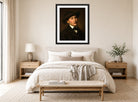 Amaldus Nielsen Print, Selvportrett (1857) displayed above a bed