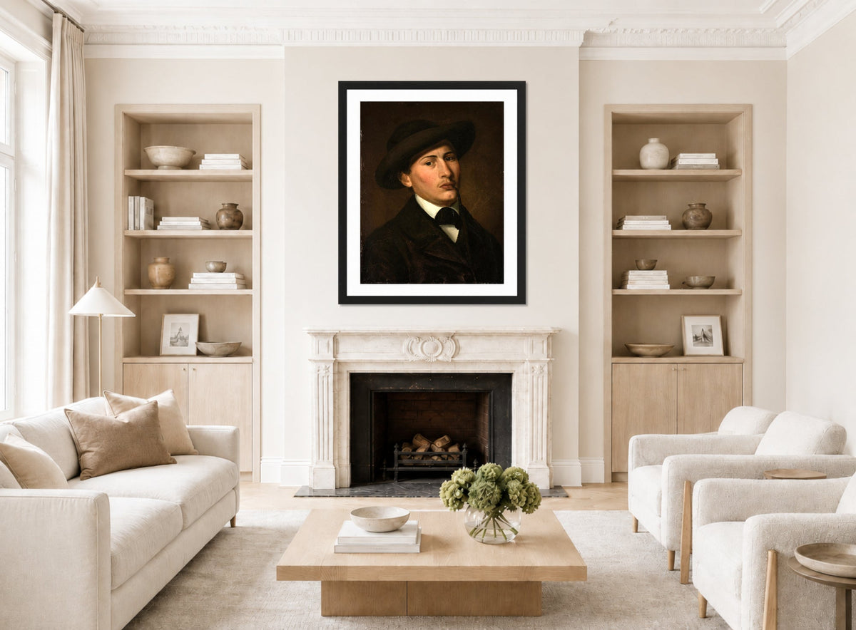 Amaldus Nielsen Print, Selvportrett (1857) displayed in a Scandinavian living room