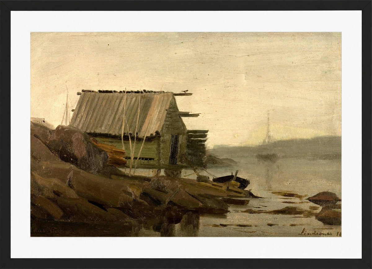 Amaldus Nielsen Print, Sjøbod, Lindesnes (1858) in a black frame