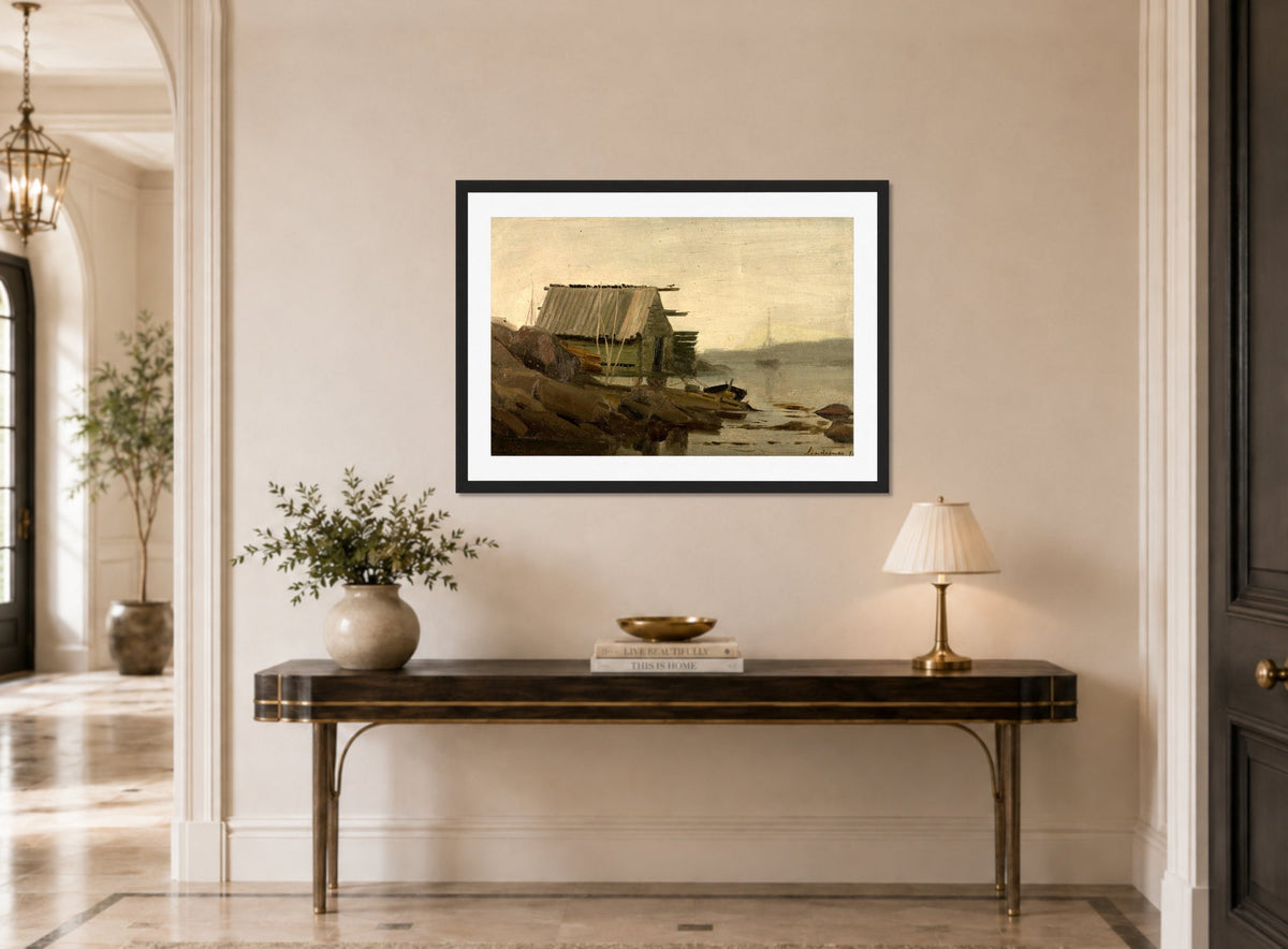 Amaldus Nielsen Print, Sjøbod, Lindesnes (1858) displayed above a console table