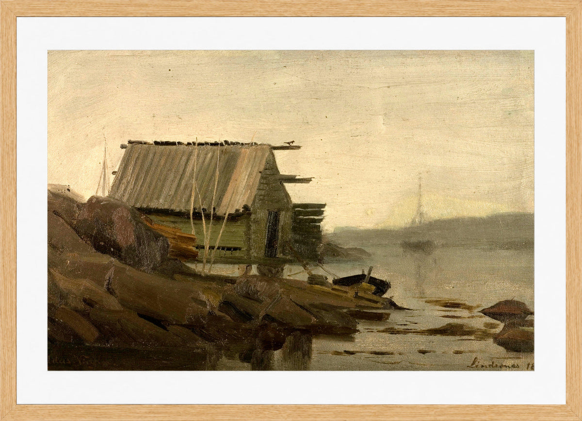 Amaldus Nielsen Print, Sjøbod, Lindesnes (1858) in a light oak frame