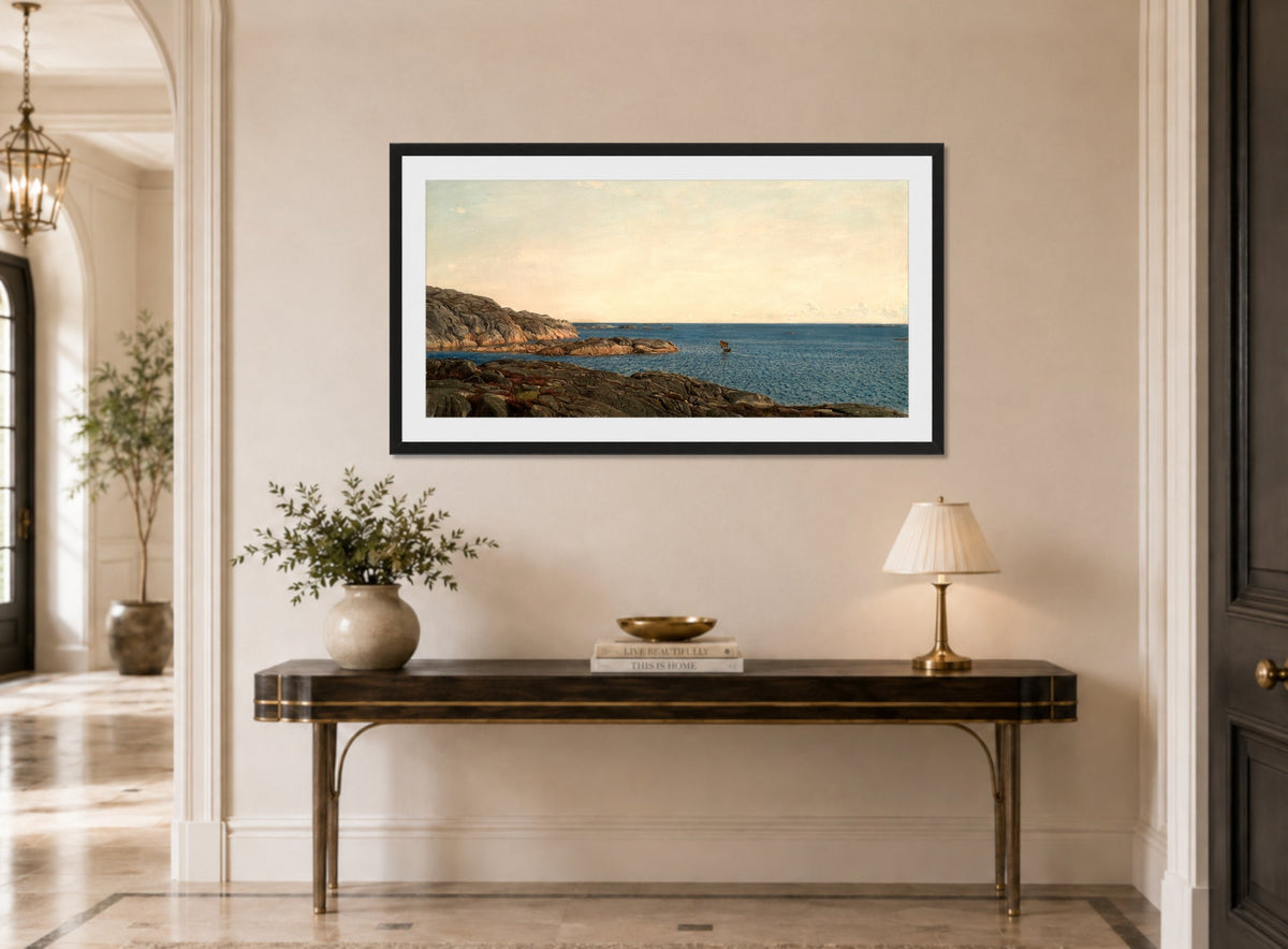 Amaldus Nielsen Print, Skjærgård, Gamle Hellesund (1895) displayed above a console table