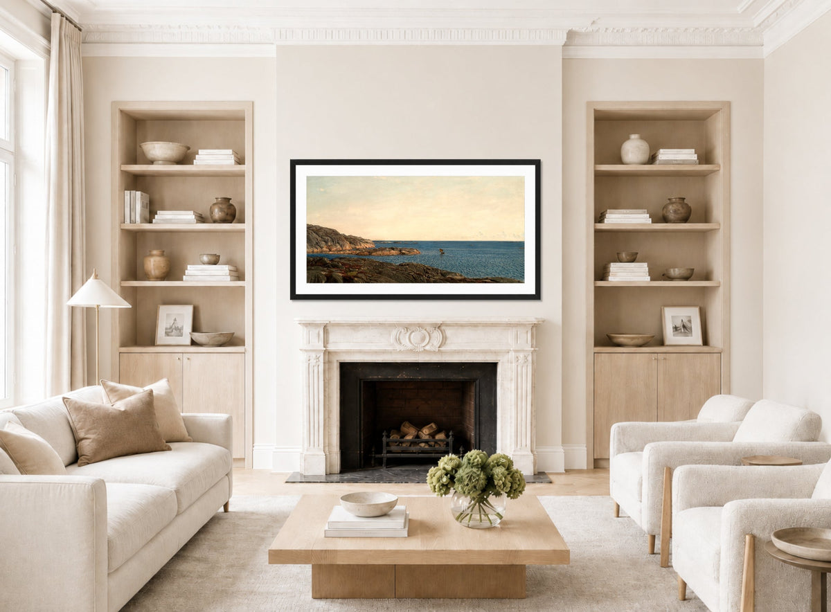 Amaldus Nielsen Print, Skjærgård, Gamle Hellesund (1895) displayed in a Scandinavian living room