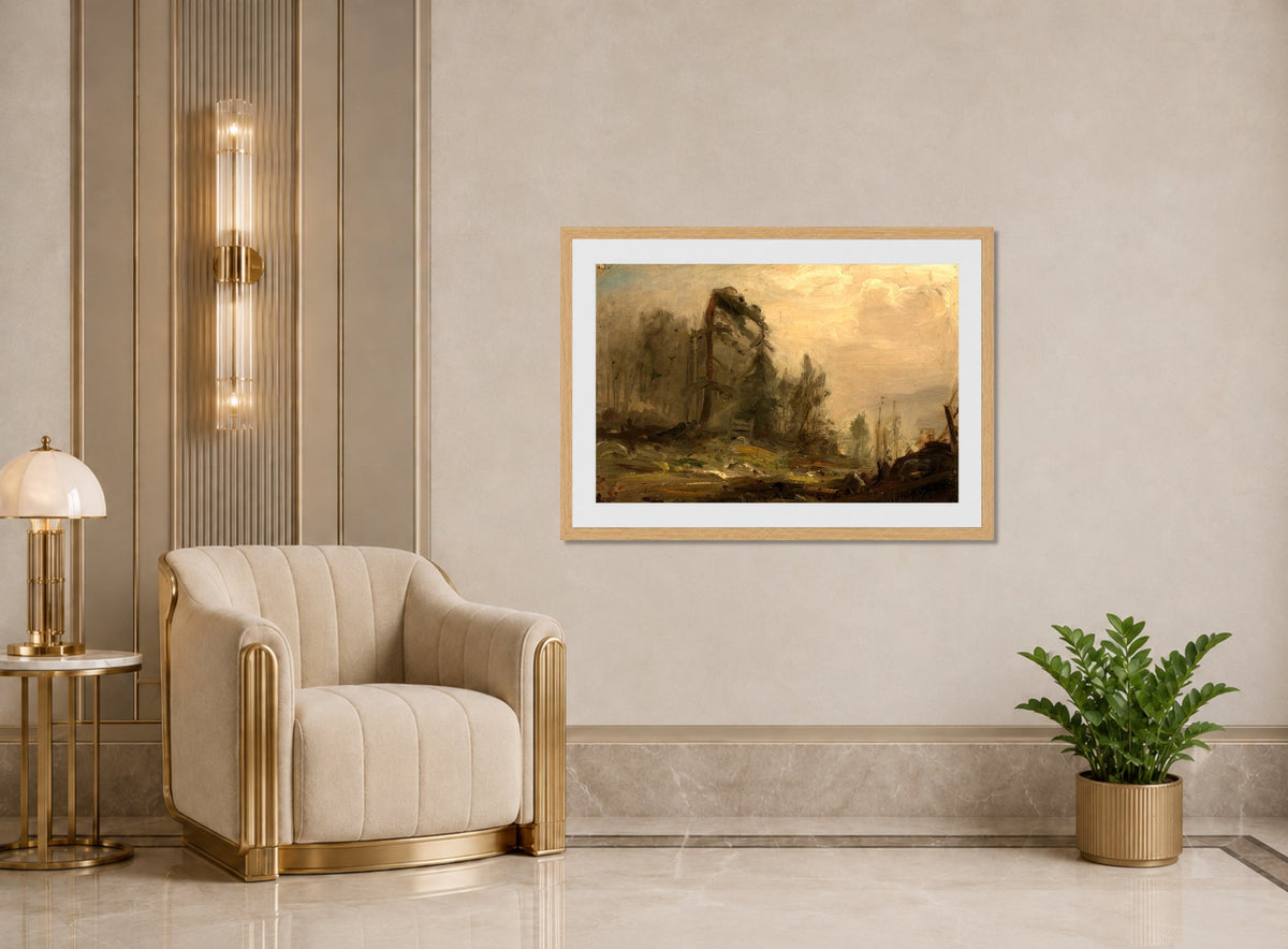 Amaldus Nielsen Print, Skogparti i tåke (1869) displayed in an Art Deco interior