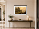 Amaldus Nielsen Print, Skogparti i tåke (1869) displayed above a console table