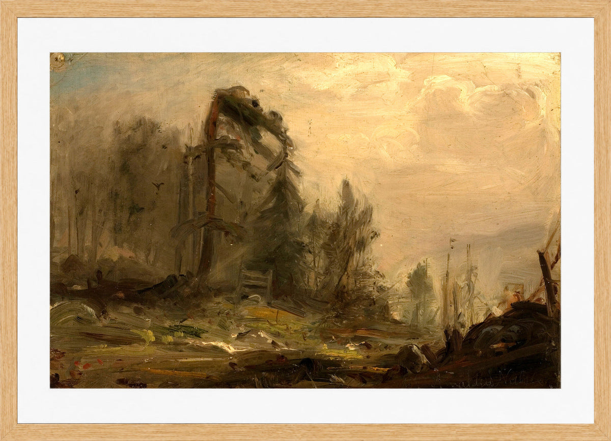 Amaldus Nielsen Print, Skogparti i tåke (1869) in a light oak frame