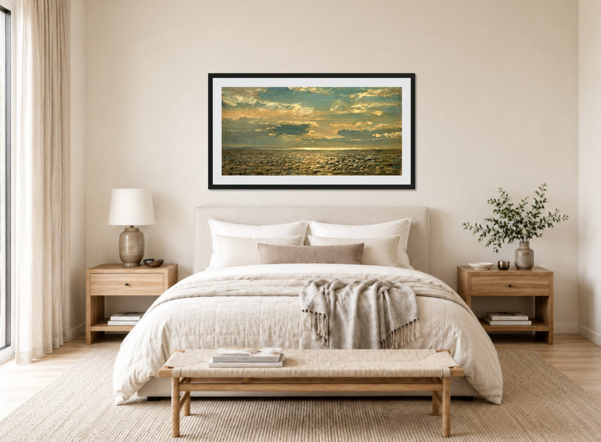 Amaldus Nielsen Print, Skyet vær (1889) displayed above a bed