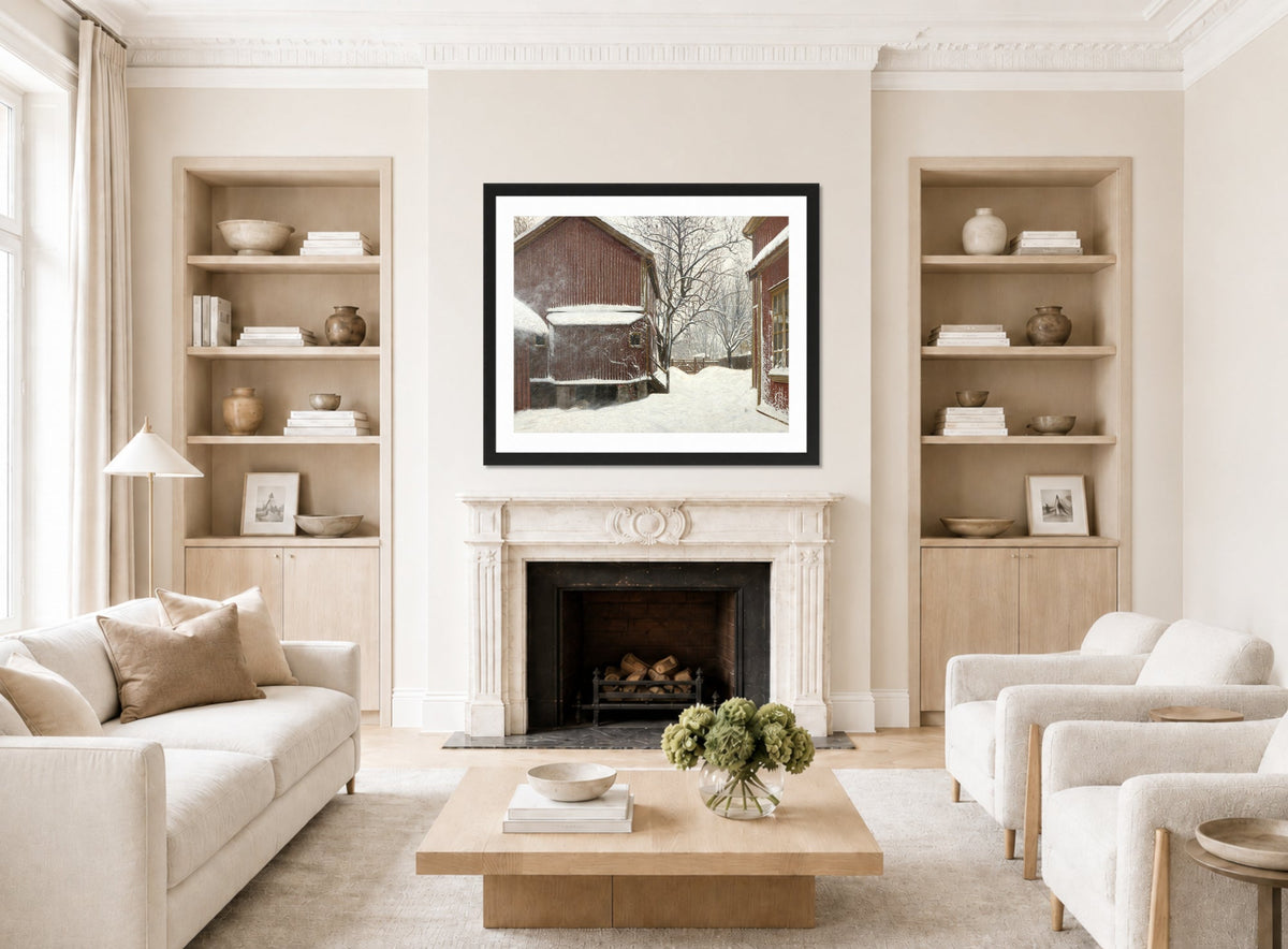 Amaldus Nielsen Print, Snefokk i Majorstuveien 8 displayed in a Scandinavian living room
