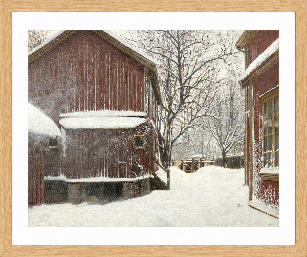 Amaldus Nielsen Print, Snefokk i Majorstuveien 8 in a light oak frame