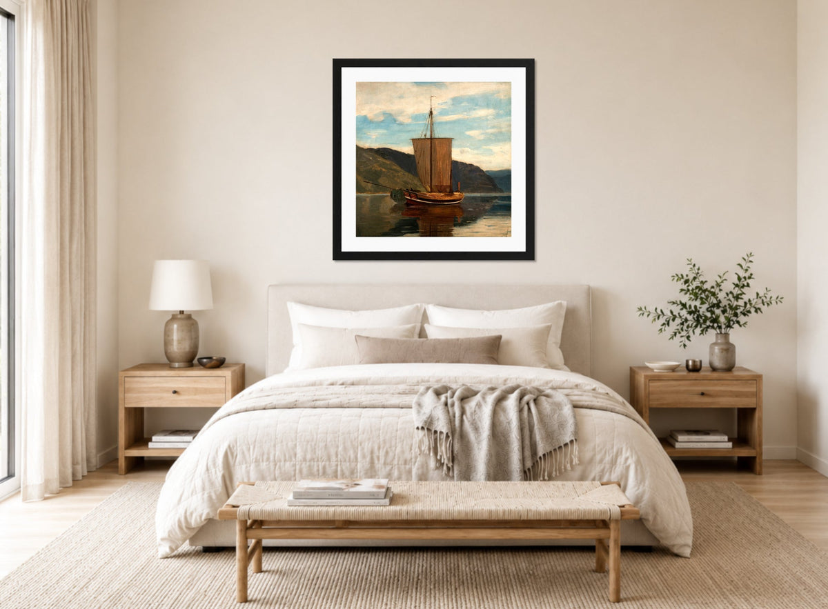 Amaldus Nielsen Print, Sognejakt (1865) displayed above a bed