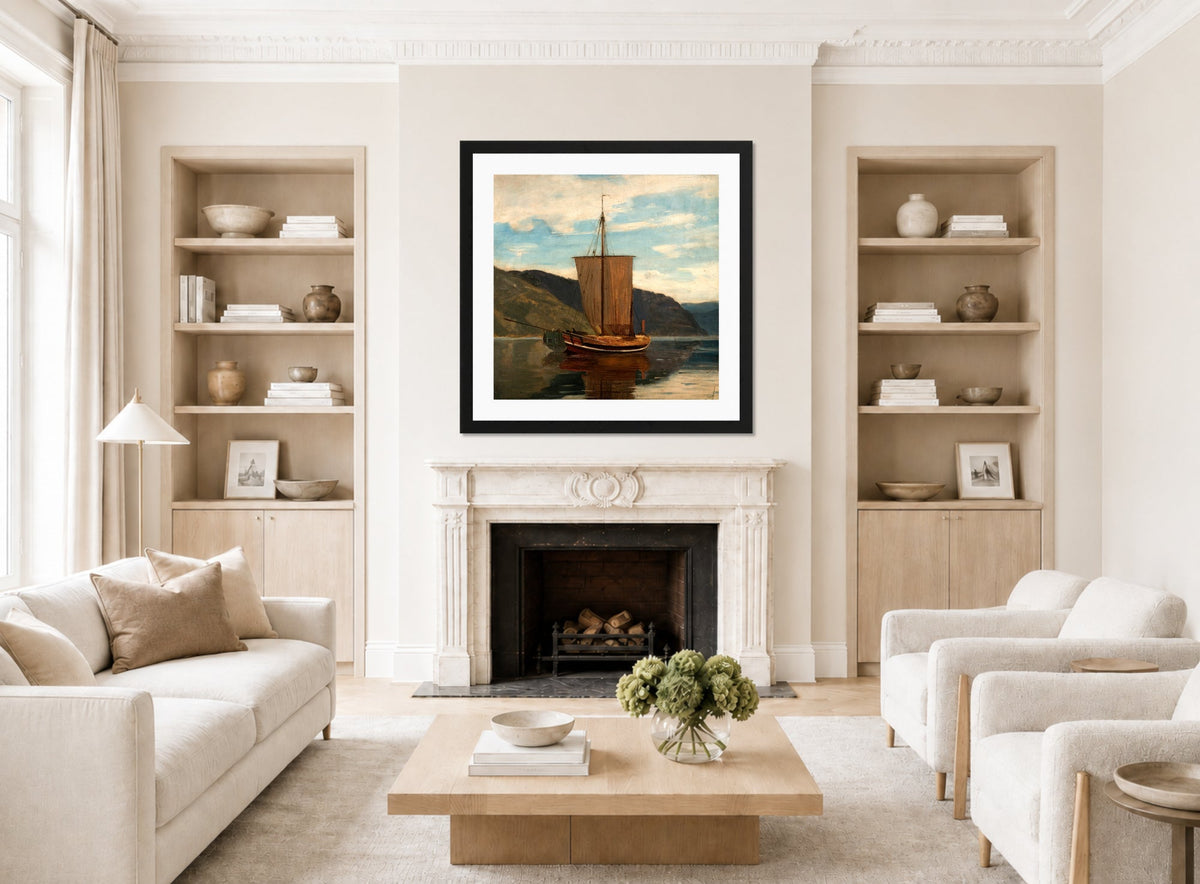 Amaldus Nielsen Print, Sognejakt (1865) displayed in a Scandinavian living room