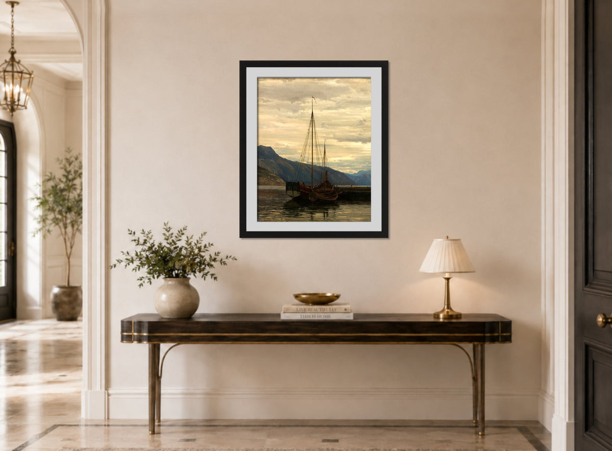 Amaldus Nielsen Print, Sognejekter (1865) displayed above a console table
