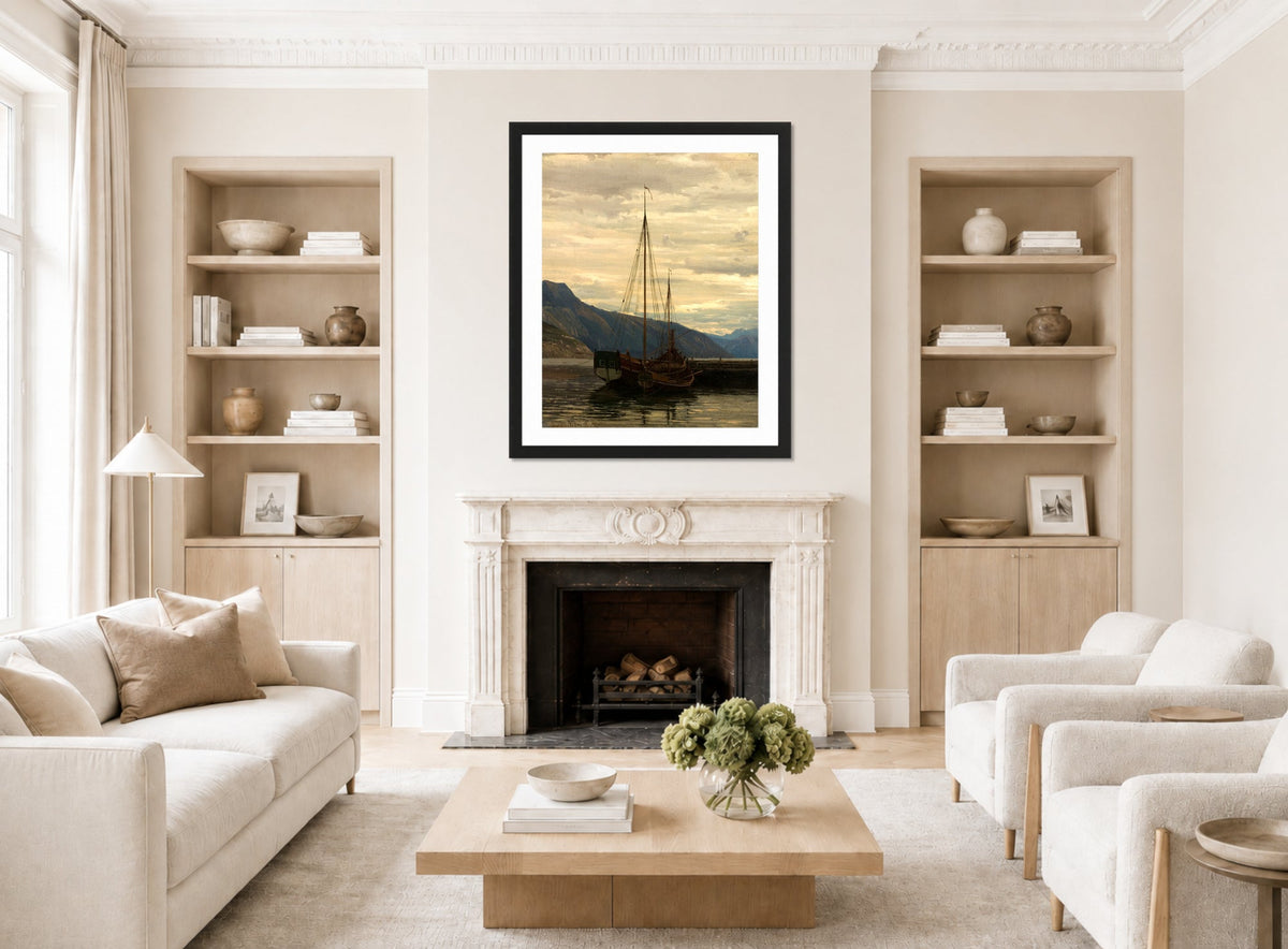 Amaldus Nielsen Print, Sognejekter (1865) displayed in a Scandinavian living room