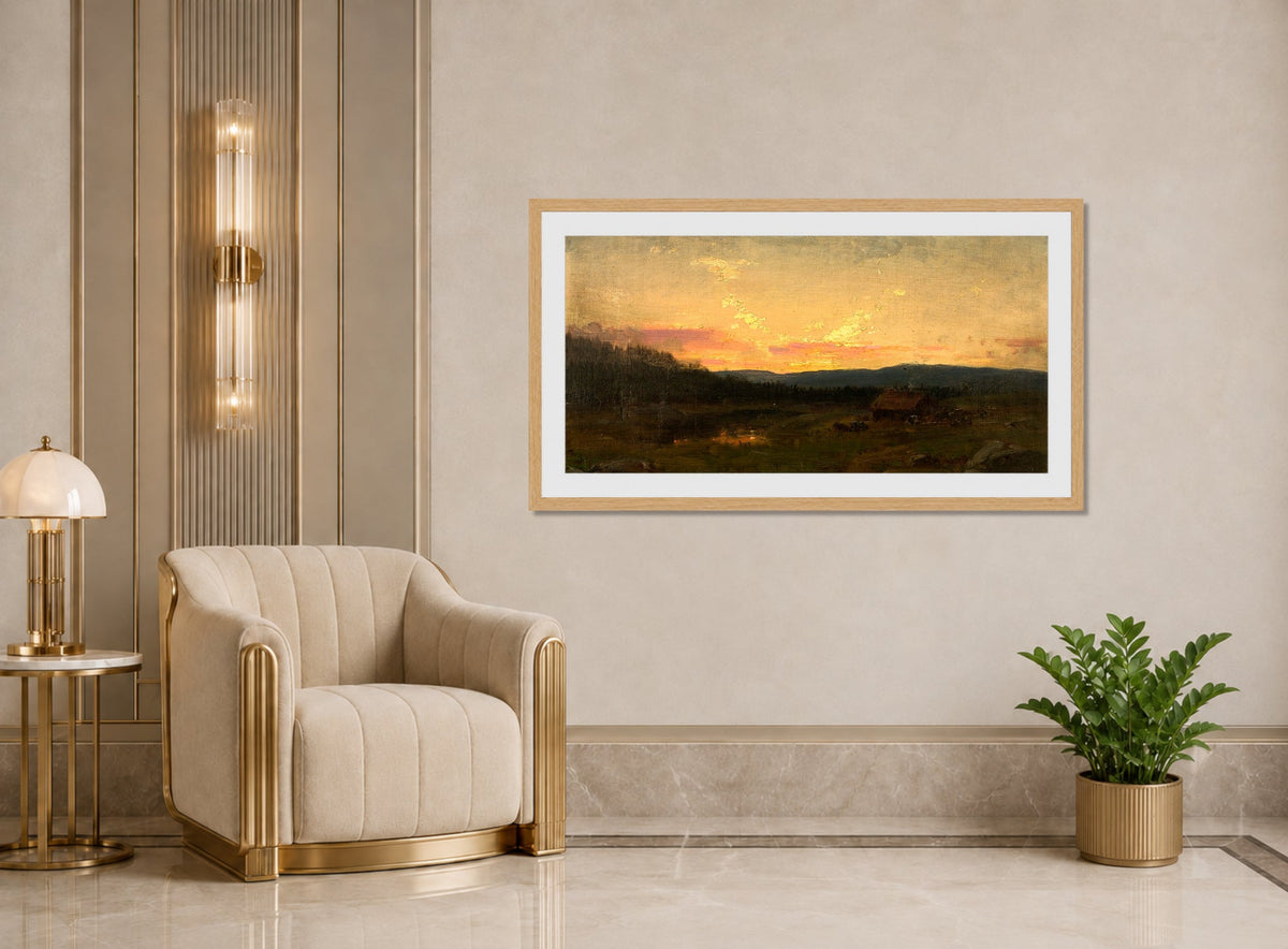 Amaldus Nielsen Print, Solnedgang ved seteren (1866) displayed in an Art Deco interior