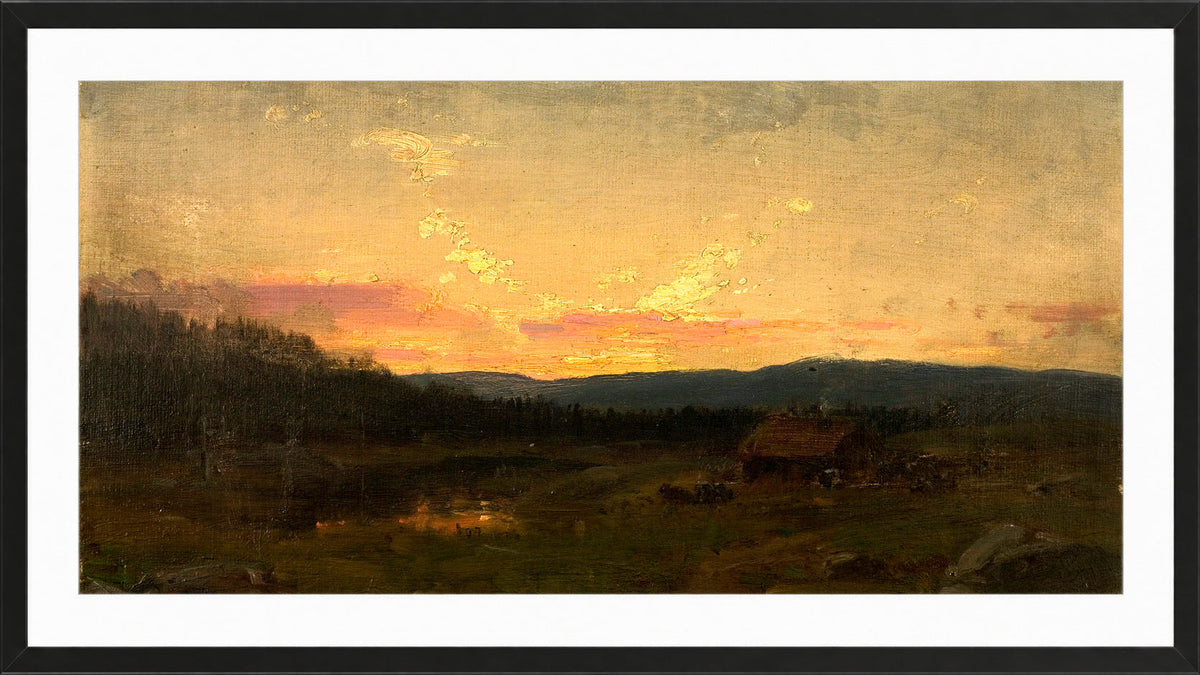 Amaldus Nielsen Print, Solnedgang ved seteren (1866) in a black frame