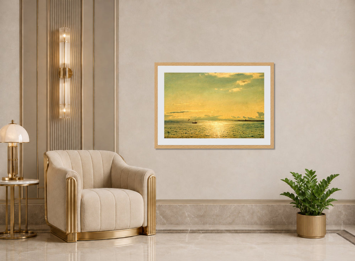 Amaldus Nielsen Print, Solskinnsstemning, Hvaler (1889) displayed in an Art Deco interior
