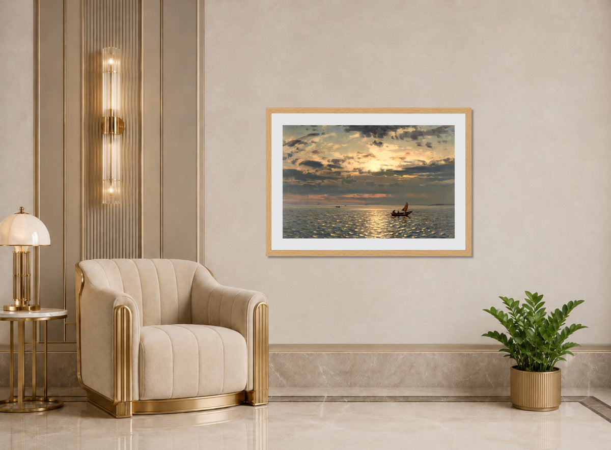 Amaldus Nielsen Print, Solspeil (1900) displayed in an Art Deco interior