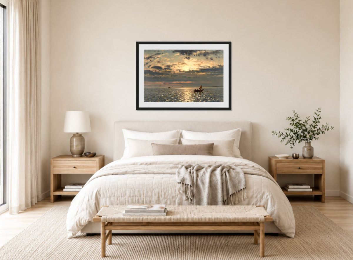 Amaldus Nielsen Print, Solspeil (1900) displayed above a bed