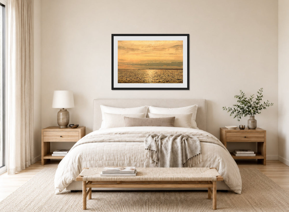 Amaldus Nielsen Print, Solspeil, Hvaler (1890) displayed above a bed