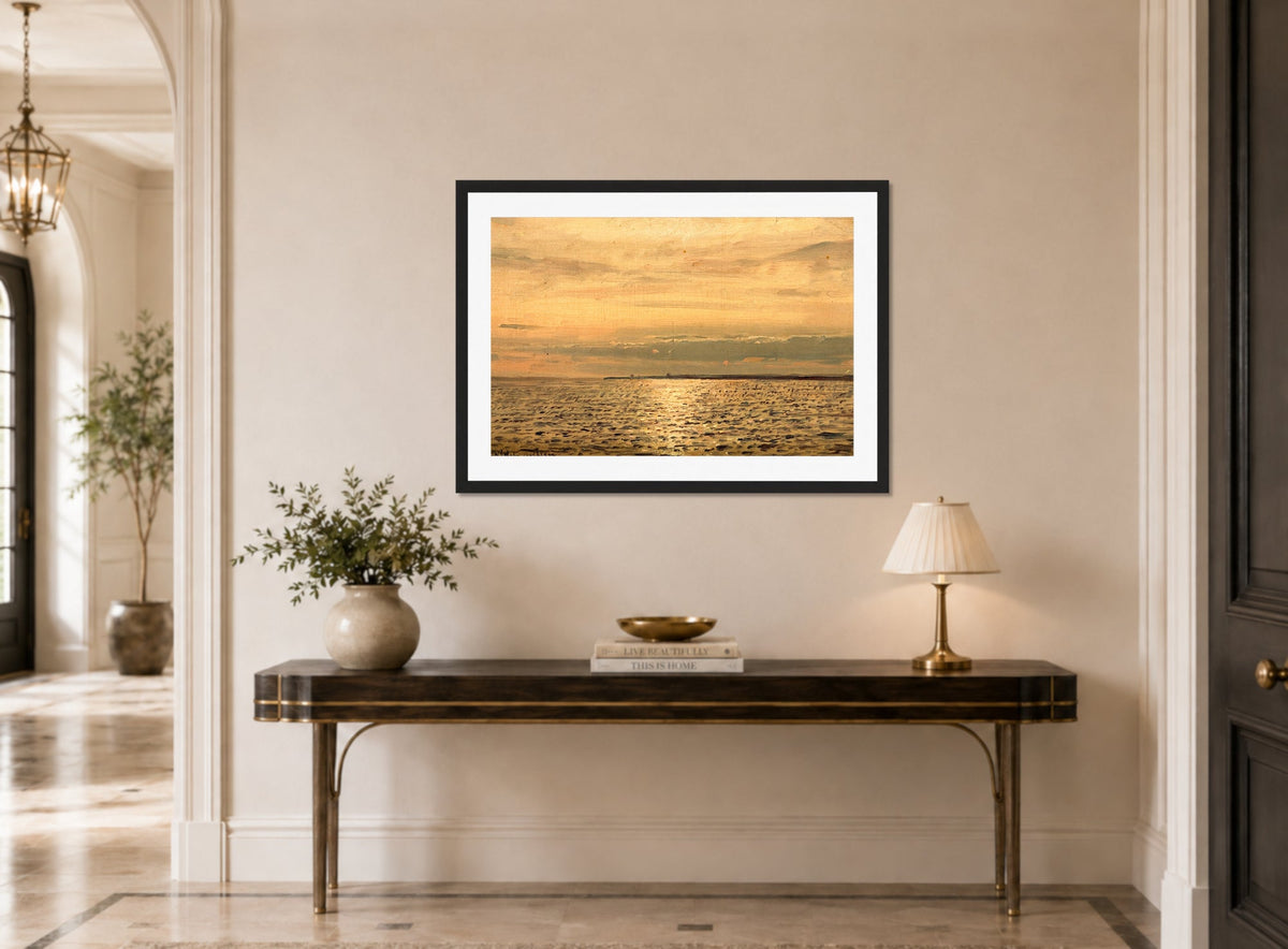 Amaldus Nielsen Print, Solspeil, Hvaler (1890) displayed above a console table