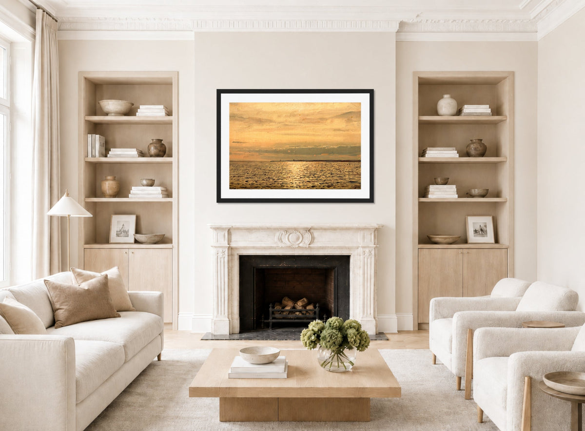 Amaldus Nielsen Print, Solspeil, Hvaler (1890) displayed in a Scandinavian living room