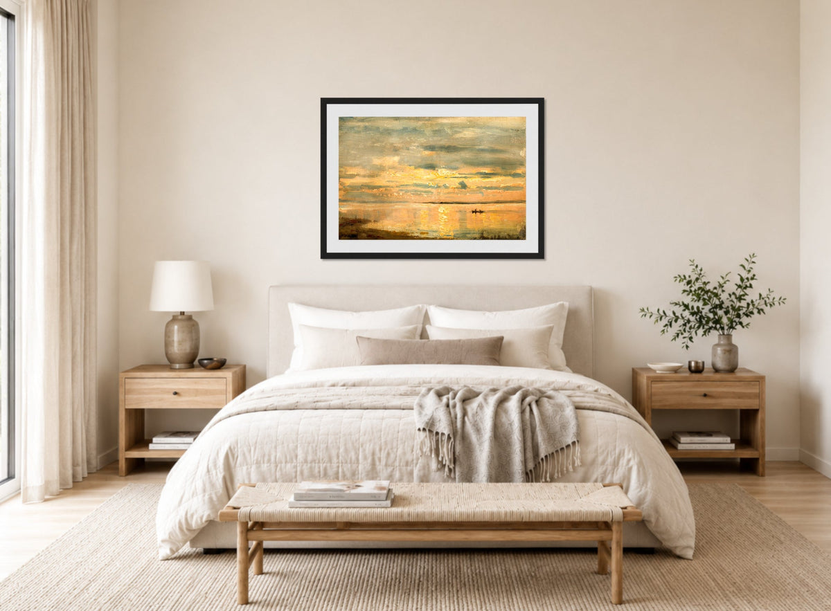 Amaldus Nielsen Print, Sommeraften, Hvaler (1898) displayed above a bed