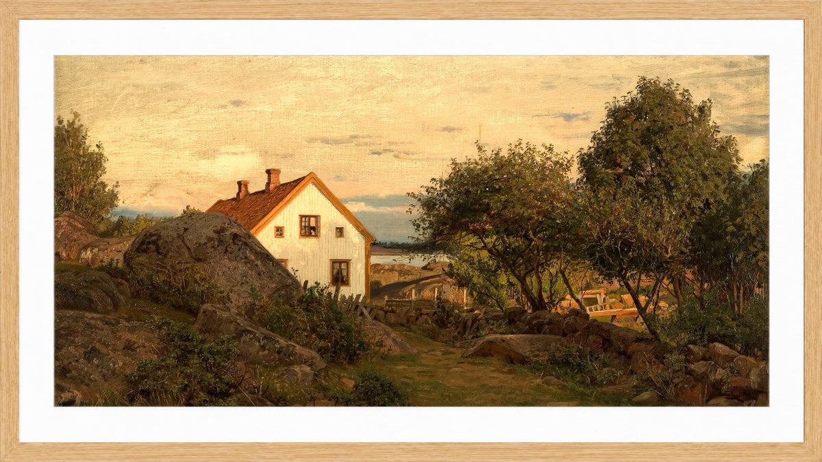 Amaldus Nielsen Print, Sommeraften ved Hvaler (1896) in a light oak frame
