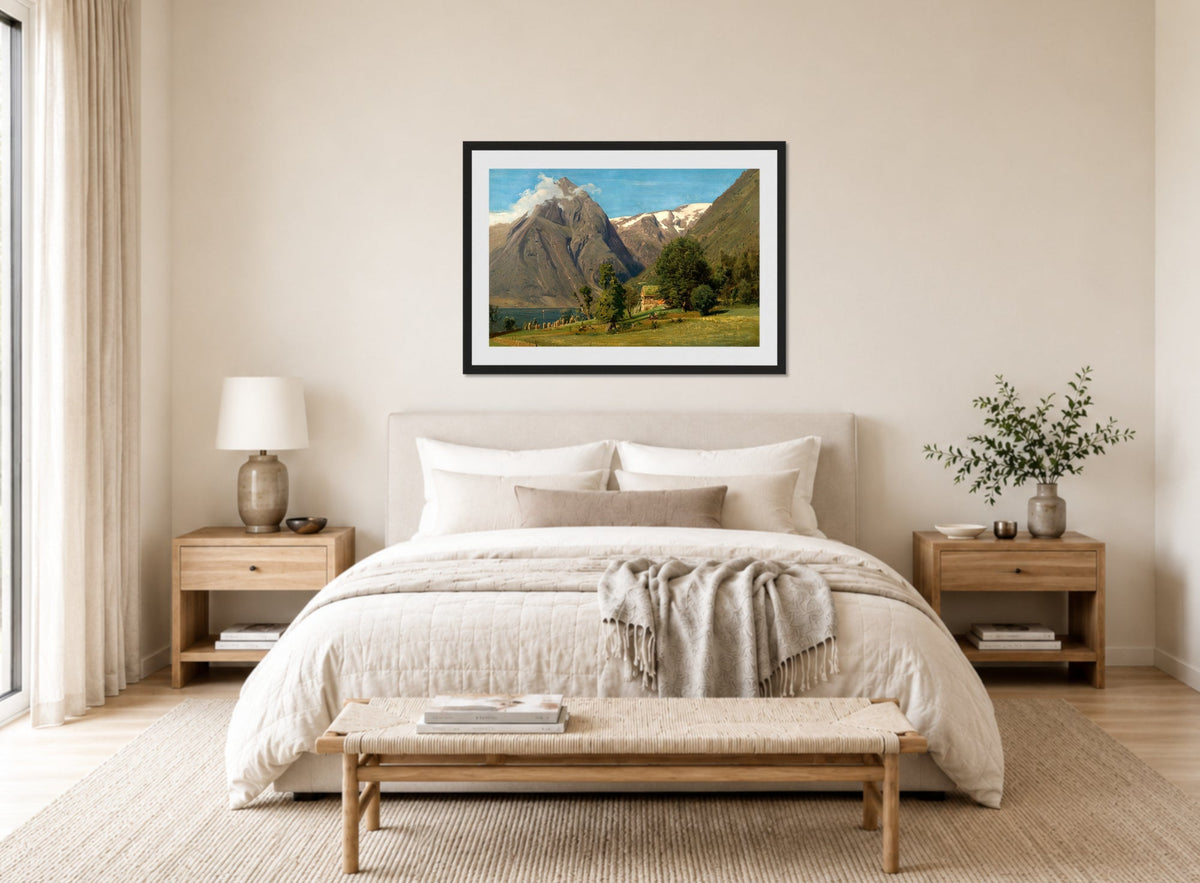 Amaldus Nielsen Print, Sommerdag, Balestrand displayed above a bed