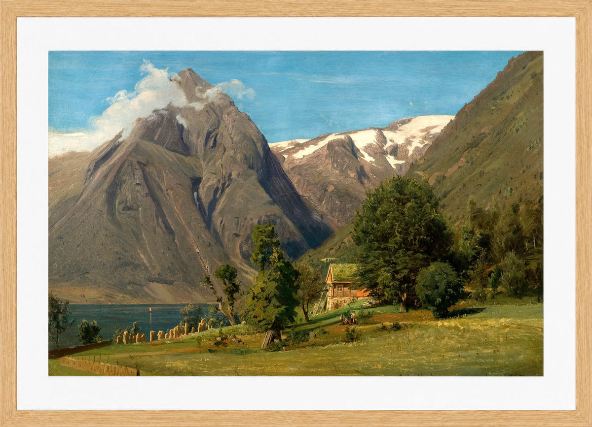 Amaldus Nielsen Print, Sommerdag, Balestrand in a light oak frame