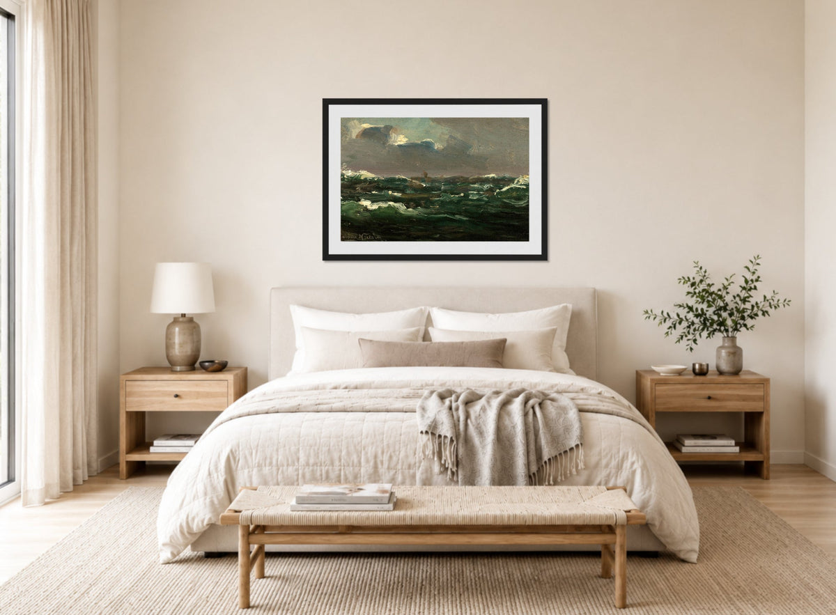 Amaldus Nielsen Print, Spanskesjøen (1860) displayed above a bed