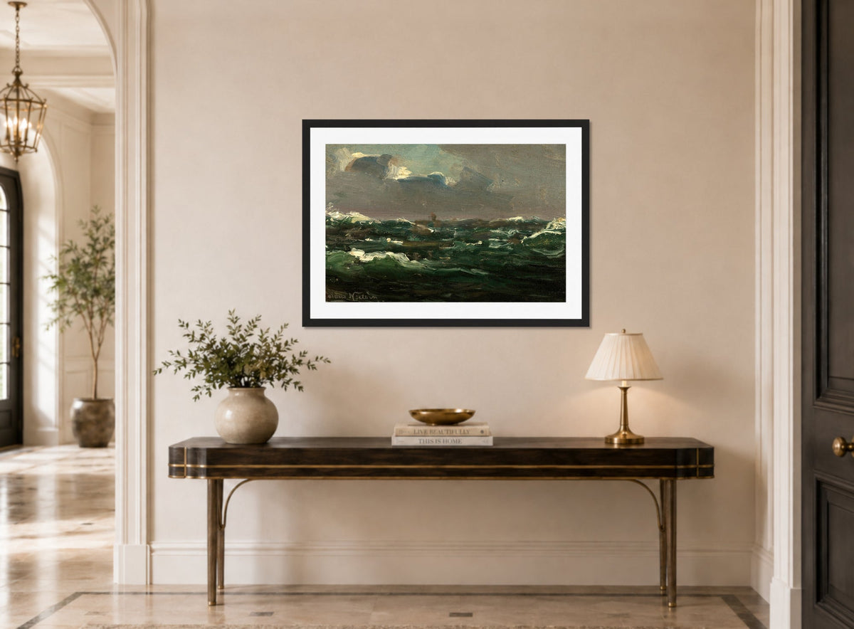 Amaldus Nielsen Print, Spanskesjøen (1860) displayed above a console table