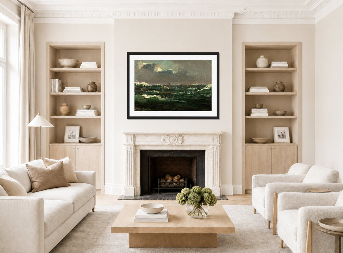 Amaldus Nielsen Print, Spanskesjøen (1860) displayed in a Scandinavian living room